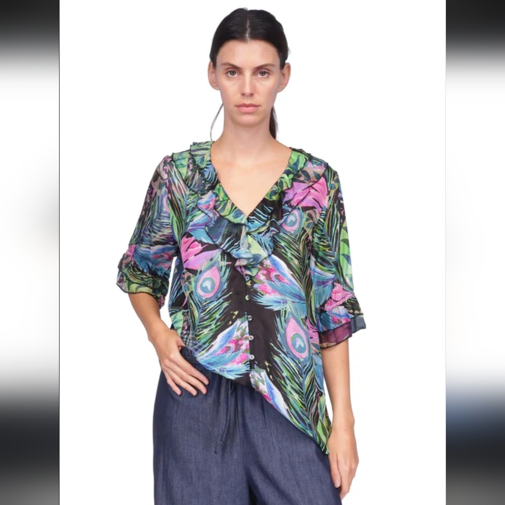 Johnny Was  Button Up Adriaan Tunic Silk Shirt Boho Feather Floral Long Sleeve S